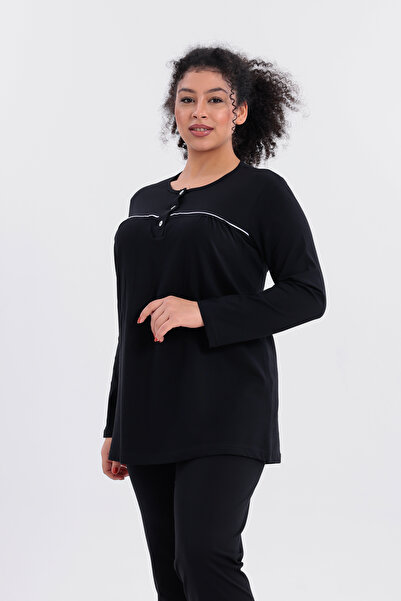 Mio Vero Women's Piped Long Sleeve Cotton Plus Size (Oversize) Pajama Set