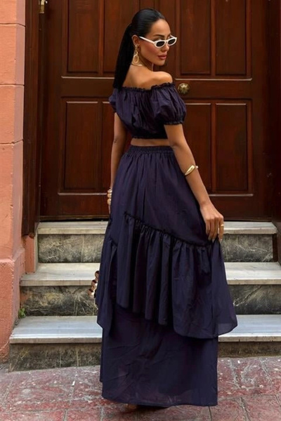 GENCULUS Gathered Crop Fold Detailed Ruffle Skirt Suit 10196