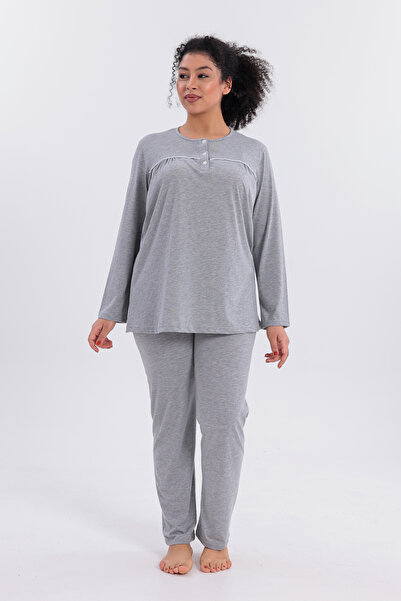 Mio Vero Women's Piped Long Sleeve Cotton Plus Size (Oversize) Pajama Set