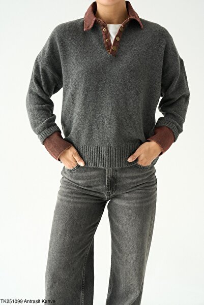 My Blog Anthracite-Brown Collar Denim Detailed Sweater - 251099