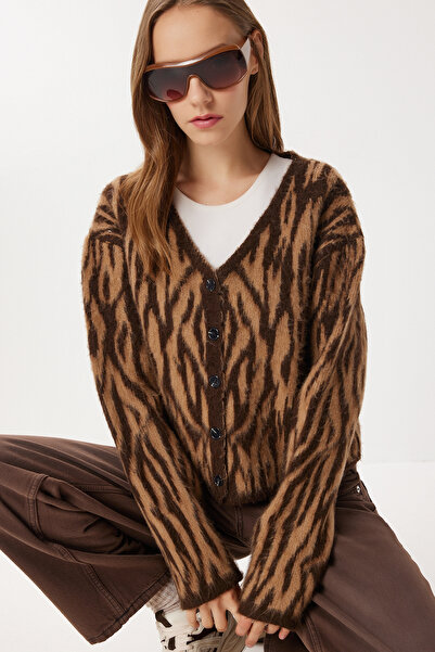 Lovelyİstanbul Wool Effect Patterned Knitwear Cardigan Lxa0015 Brown Camel