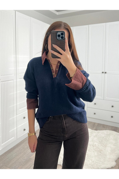 My Blog Marineblau-brauner Pullover mit Jeansbesatz - 251099