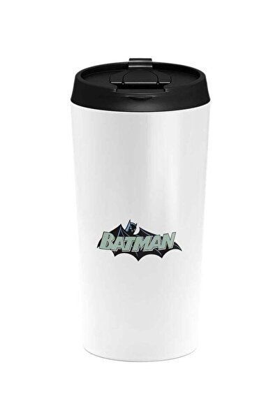 LOUD UNIVERSE كوب كلاسيكي مطبوع شعار باتمان مع غطاء، أبيض/أسود