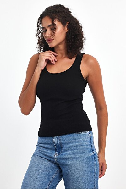 COMEOR Women's Black Corded Fabric Look Strappy Thick Basic Undershirt
