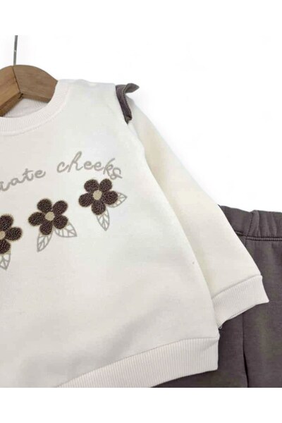 VOY KİDS Baby Girl Daisy Embroidered, Ruffled, 3 Thread Fleece-Lined Winter 6-9-12-18-24 Months Stylish Tracksuit Set