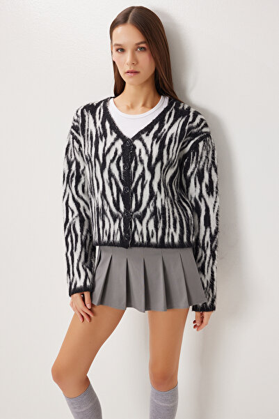 Lovelyİstanbul Wool Effect Patterned Knitwear Cardigan Lxa0015 Black Ecru