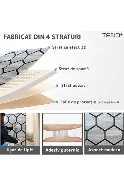 Teno Set of 20x 3D Teno® Wallpaper, Hexagon Pattern, coverage area 9.8 sqm, self-adhesive, 70x70 cm, gray