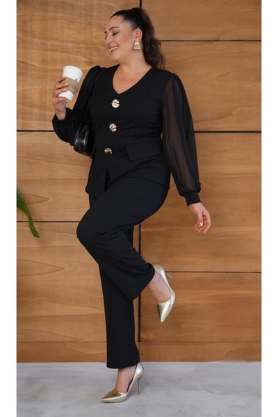 Butik Nilyam Women's Plus Size V-Neck Chiffon Sleeve Clover Brooch Detail Blouse Pants Evening Dress Suit 25064