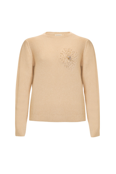 Exquise Stone Detailed Long Sleeve Bone Knitwear Sweater