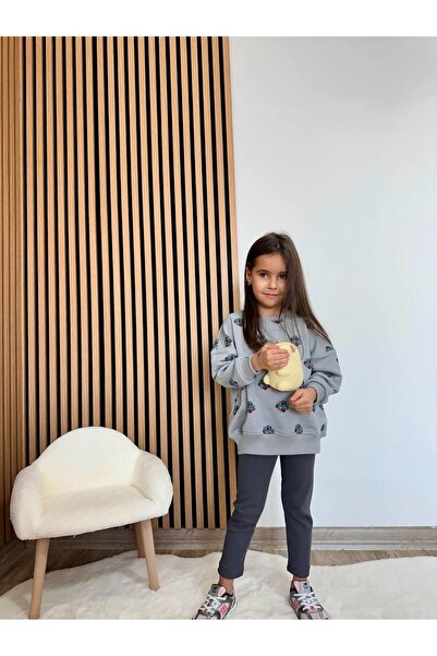 Magu Girl's Cotton Gray Floral Patterned Sweatshirt & Leggings Set