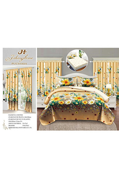 FIONNA.RO Fine Cotton Linen And Curtain Set 1 Person With Elastic - Floral Ga...