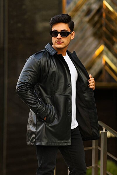 BASEL.CO Men's Slim Fit 80 cm Long Leather Jacket - Full Thai Feather Lining