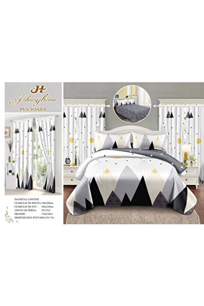 FIONNA.RO Fine Cotton Bedding and Curtain Set 1 Person - White and Grey Triangle
