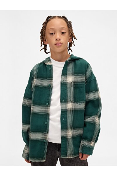 GAP Erkek Çocuk Yeşil Organik Pamuk Kapüşonlu Flannel Gömlek