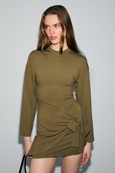 GRIMELANGE Sevley women's soft and flexible fabric round neck tie detailed mini khaki dress