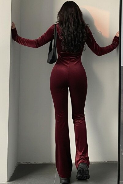 Mossta Hooded Zippered Long Sleeve Velvet Jumpsuit - Burgundy