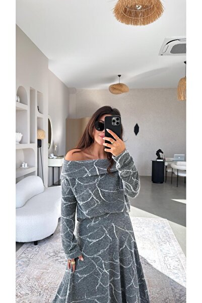 Buket Teke Anthracite Self-Patterned Knitwear Fabric Skirt Madonna Blouse Set