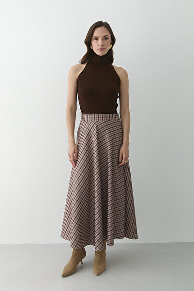 Laluvia Brown Plaid Skirt