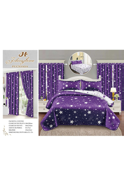 FIONNA.RO Fine Cotton Bedding and Curtain Set 1 Person - Star Purple