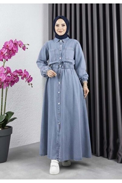 Hb Harma Time Butik Women's Pocket Detailed Elastic Waist Denim Jeans Blue Dress