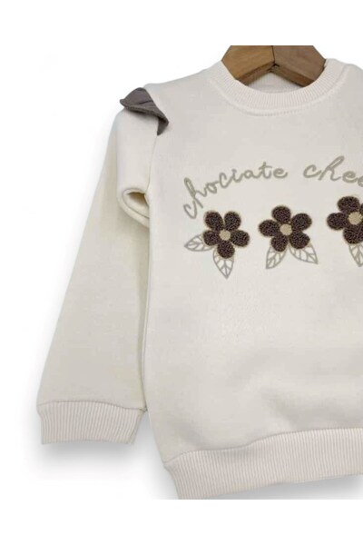 VOY KİDS Baby Girl Daisy Embroidered, Ruffled, 3 Thread Fleece-Lined Winter 6-9-12-18-24 Months Stylish Tracksuit Set