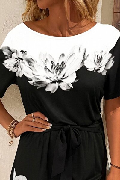 Mossta İki İplik Çiçek Ba Printed Hand-Tied Mini Jumpsuit - Black