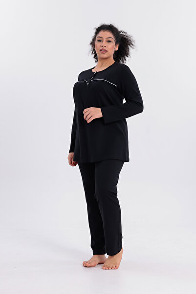 Mio Vero Women's Piped Long Sleeve Cotton Plus Size (Oversize) Pajama Set