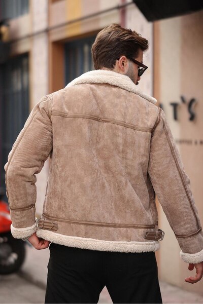 BASEL.CO Leather Detailed Velvet Coat with Fur Inside