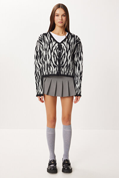 Lovelyİstanbul Wool Effect Patterned Knitwear Cardigan Lxa0015 Black Ecru