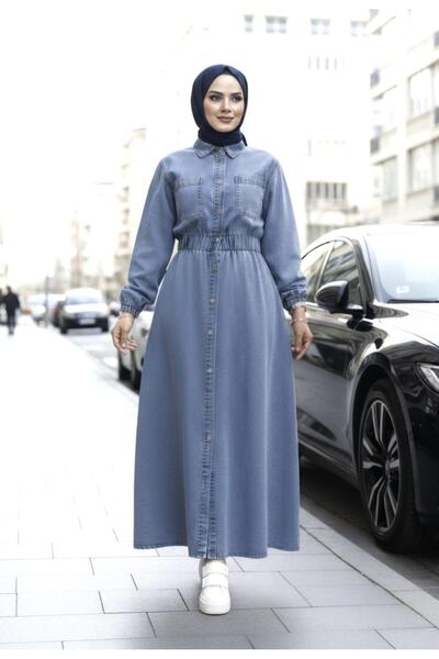 Hb Harma Time Butik Women's Pocket Detailed Elastic Waist Denim Jeans Blue Dress