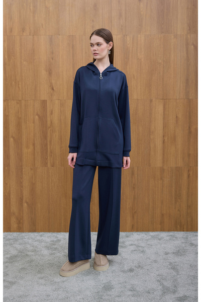 Birgül Bektaş Navy Blue Cozy Hooded Detailed Cardigan