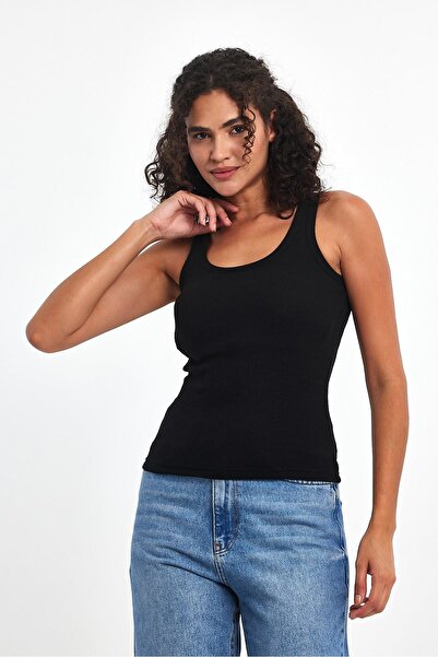 COMEOR Women's Black Corded Fabric Look Strappy Thick Basic Undershirt
