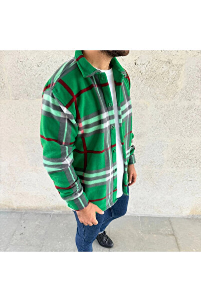 GENCULUS Men's Plaid Pattern Buttoned Fleece Collar Long Sleeve Shirt Oversized Comfortable Fit Green