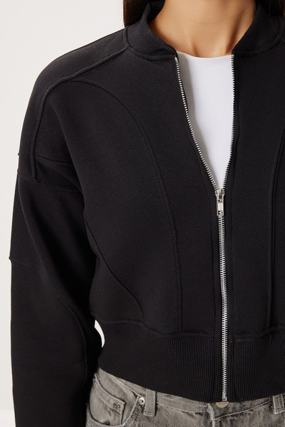 Lovelyİstanbul Πλεκτό φούτερ με φερμουάρ επένδυση fleece LAN0085 ΜΑΥΡΟ