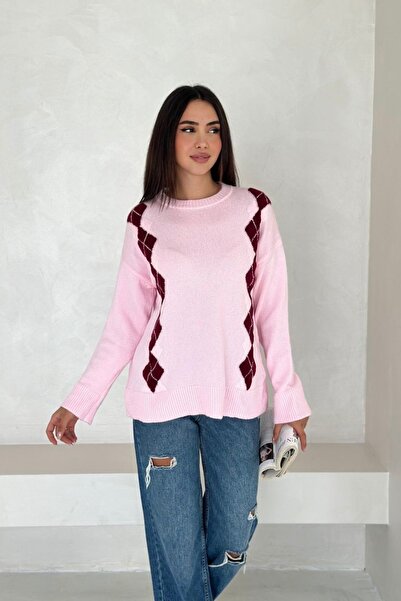 Noi Belis Crew Neck Diamond Pattern Knit Sweater Aw25Kz0079