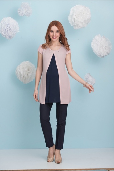 Desen Hamile Giyim Metal Aksesuarlı Kısa Kollu Hamile Bluz