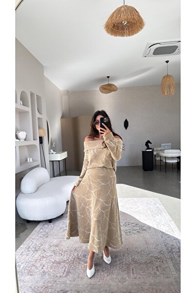 Buket Teke Camel Self-Patterned Knitwear Fabric Skirt Madonna Blouse Set