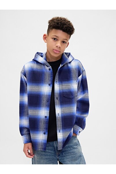 GAP Erkek Çocuk Mavi Organik Pamuk Kapüşonlu Flannel Gömlek