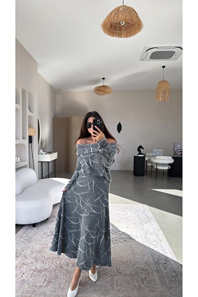 Buket Teke Anthracite Self-Patterned Knitwear Fabric Skirt Madonna Blouse Set