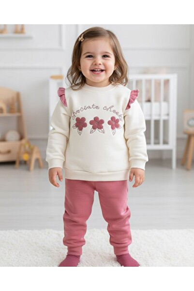 Ege Bebek Baby Girl Daisy Embroidered, Ruffled, 3 Thread Fleece-Lined Winter 6-9-12-18-24 Months Stylish Tracksuit Set
