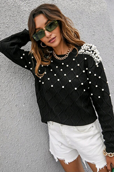 H&E LUXURY DESIGN Pulover de tricotat cu detalii cu margele pentru femei