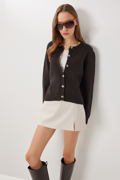 Lovelyİstanbul Buttoned Basic Knitwear Cardigan Lxa0020 Aci Brown