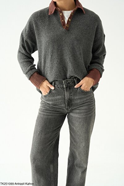 My Blog Anthracite-Brown Collar Denim Detailed Sweater - 251099