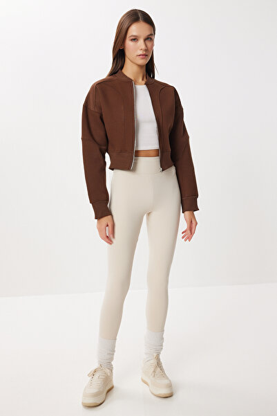 Lovelyİstanbul Πλεκτό φούτερ με φερμουάρ επένδυση fleece LAN0085 ΚΑΦΕ