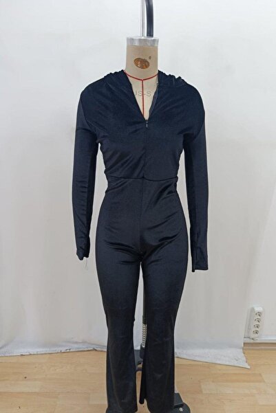 Mossta Hooded Zippered Long Sleeve Velvet Jumpsuit - Black