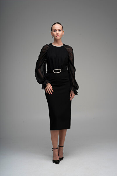 Lila Rose Reglan Yakası Şerit Taş İşlemeli Elbise