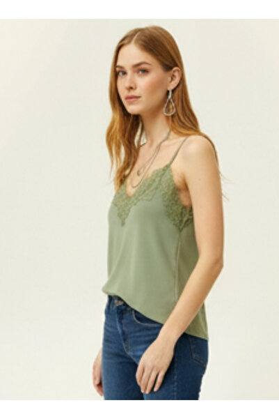 peralist Women's Khaki Lace Detailed Sandy Blouse with Adjustable Ring Straps