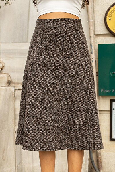 Jument Women's Winter Wool Jacquard Lightweight Stretch Fabric Fabric High Waist Long Bell Skirt-Beige Diyagonel