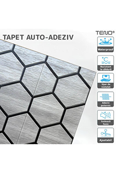 Teno Set of 10x 3D Teno® Wallpaper, Hexagon Pattern, coverage area 4.9 sq m, self-adhesive, 70x70 cm, gray