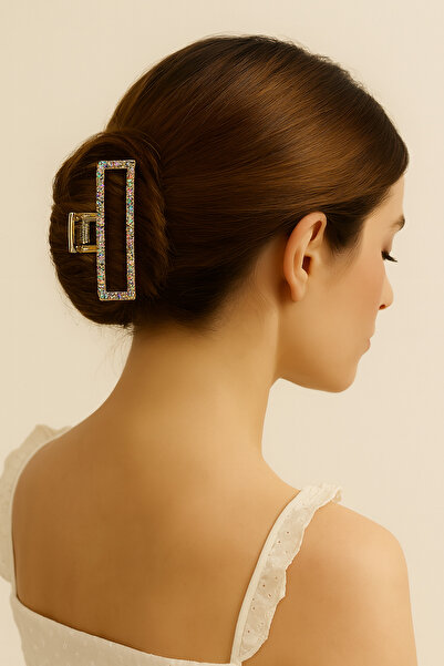 cityvision 7 cm Colorful Stone Rectangular Gold Hair Clip – Sparkling and Modern Metal Barrette